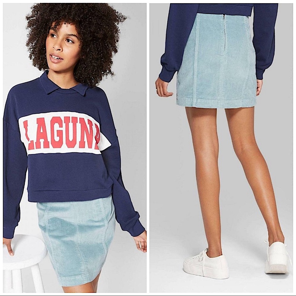 WILD FABLE | DUSTY BLUE CORDUROY ZIP BACK MINI SKIRT